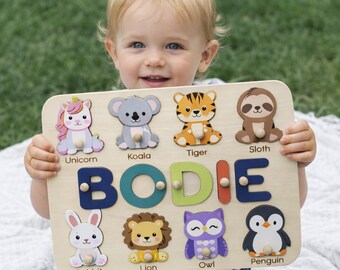 Rompecabezas de nombres de animales para bebés, rompecabezas de madera con nombres, rompecabezas con clavijas, decoración infantil, regalo para el primer cumpleaños.