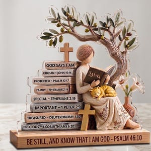 Puede incluir: Una figura decorativa que representa a una mujer leyendo un libro con un gato, una cruz y un árbol. La figura tiene el texto "Be Still, and Know That I Am God - Psalm 46:10". La figura también tiene el texto "God Says I Am" y otros versículos bíblicos.