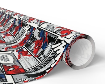 May include: Rolled paper featuring a comic book style design with Spider-Man illustrations in red, blue, and white. The artwork includes speech bubbles and Japanese text, creating a dynamic and action-packed visual.