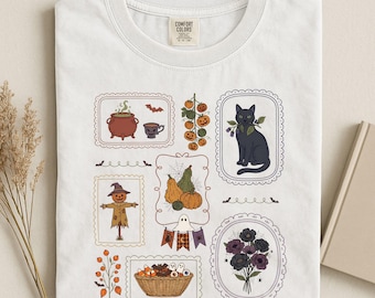 ハロウィン コテージコア シャツ、魔女風秋Tシャツ、不気味な季節のシャツ、黒猫シャツ、ダーク コテージコア Tシャツ、秋の美的シャツ