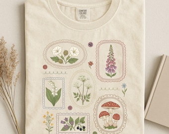 毒草シャツ、ボタニカルゴスシャツ、ダークアカデミアボタニカルTシャツ、魔女風植物シャツ、コテージコアネイチャーグラフィックTシャツ