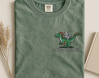 Embroidered Cat Riding Dinosaur Shirt, Funny Animal Embroidery Tee, Fantasy Book Reader Geeky Cat Lover T shirt