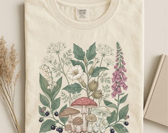 毒草シャツ、ボタニカルゴスシャツ、ダークアカデミアボタニカルTシャツ、魔女風植物シャツ、ヴィンテージネイチャーグラフィックTシャツ