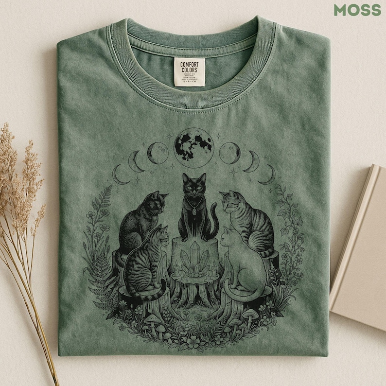 Camiseta de aquelarre de gatos, camiseta de gato bruja, camiseta mística de gato negro, regalo para mamás de gatos, camiseta de fase lunar celestial, regalo gótico cottagecore para amantes de los gatos imagen 5