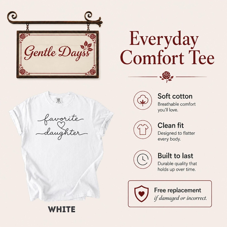 May include: White t-shirt with the words "favorite daughter" in a cursive font. The shirt is part of the "Everyday Comfort Tee" collection. The image also includes a sign that says "Gentle Dayss".