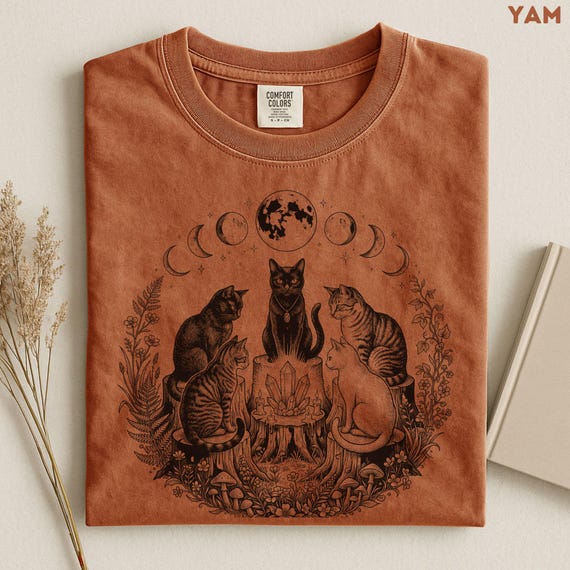 Cat Coven Shirt, Witchy Cat Shirt, Mystical Black Cat Tee, Cat Mom Gift, Celestial Moon Phase Shirt, Gothic Cottagecore Cat Lover Gift