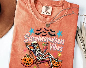 サマーウィーンシャツ、不気味なサマーTシャツ、ハロウィンサマーシャツ、スケルトンビーチシャツ、かわいいハロウィンTシャツ、レトロなサマーウィーングラフィックTシャツ