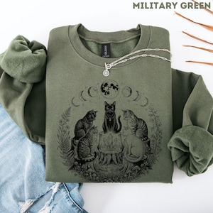 Camiseta de aquelarre de gatos, camiseta de gato bruja, camiseta mística de gato negro, regalo para mamás de gatos, camiseta de fase lunar celestial, regalo gótico cottagecore para amantes de los gatos imagen 3