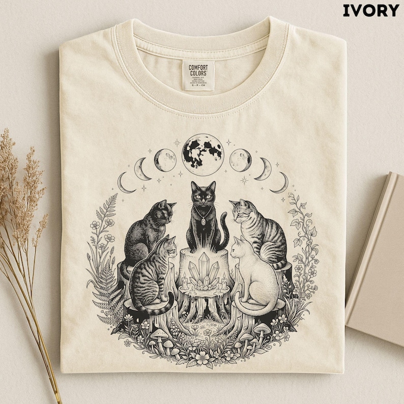 Camiseta de aquelarre de gatos, camiseta de gato bruja, camiseta mística de gato negro, regalo para mamás de gatos, camiseta de fase lunar celestial, regalo gótico cottagecore para amantes de los gatos imagen 6
