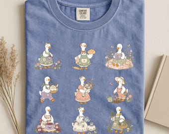 ガチョウ柄シャツ、コテージコアシャツ、ガーデニングシャツ、おもしろガチョウTシャツ、植物好きへのギフト、春夏グラフィックTシャツ、コンフォートカラーズシャツ