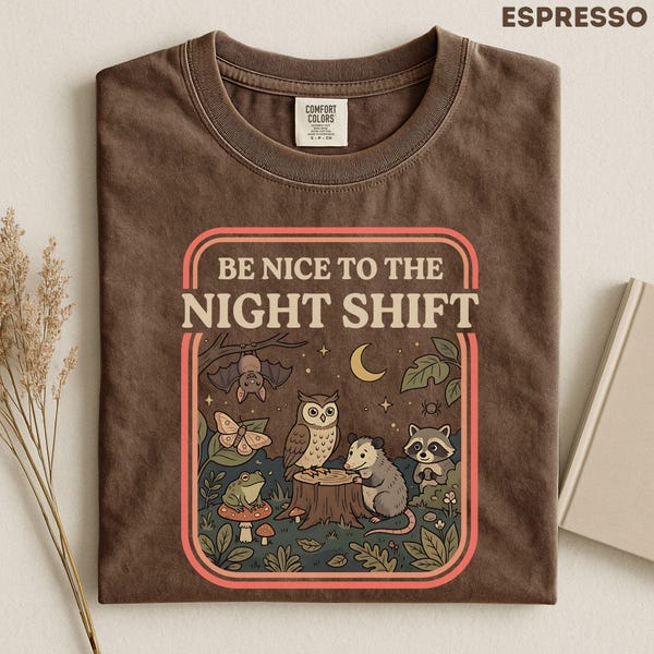 Nocturnal Animals Shirt, Owl Bat Raccoon Opossum Tee, Wildlife Lover Gift, Goblincore Shirt, Cottagecore Nature Lover Tee