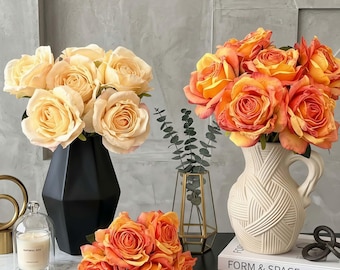 Ramo de rosas de seda realistas, centro de mesa floral vintage con bordes quemados, 6 cabezas