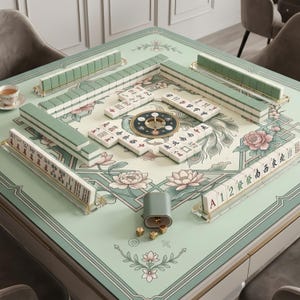 Pu&ograve; includere: Un tavolo da mahjong quadrato con una superficie verde chiaro a motivi floreali, disposto con set di tessere bianche e verdi su supporti. Un indicatore circolare del mazziere, un bicchiere per dadi e tre dadi dorati sono sul tavolo.