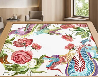 Tapis de Mahjong extra large à motif floral dragon, antidérapant et lavable, pour table de jeu.