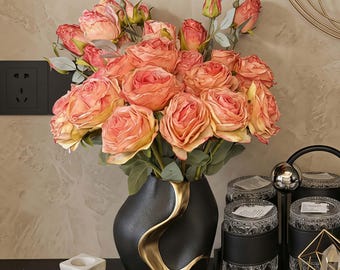 Ramo de rosas con bordes quemados y tacto real, flores de seda vintage para decoración de bodas (7 piezas)