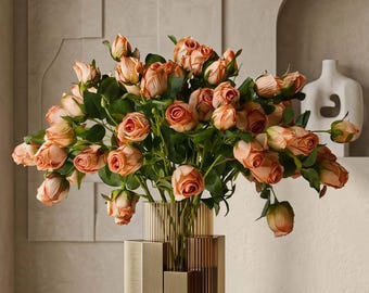 Vintage Burnt Edge Silk Roses, 19.7" Artificial Bouquet, Rustic Wedding Decor