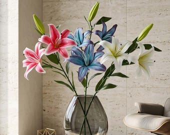 Real Touch Artificial Lily Branch, 37" PU Silk Flowers, Home Wedding Decor Arrangement