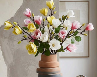 Rama de magnolia artificial, flores de seda de tacto real para jarrones altos, decoración de bodas