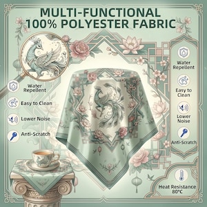 Pu&ograve; includere: Una tovaglia multifunzionale in tessuto 100% poliestere color verde salvia con stampa di pavone e fiori. Il design include icone per idrorepellente, facile da pulire, bassa rumorosit&agrave;, antigraffio e resistenza al calore fino a 80&deg;C.