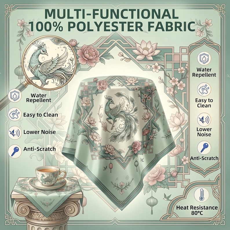 Pu&ograve; includere: Una tovaglia multifunzionale in tessuto 100% poliestere color verde salvia con stampa di pavone e fiori. Il design include icone per idrorepellente, facile da pulire, bassa rumorosit&agrave;, antigraffio e resistenza al calore fino a 80&deg;C.