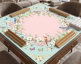 Tapete de mesa de mahjong extragrande con estampado floral de pájaros, antideslizante para escritorio de juego.