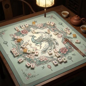 Pu&ograve; includere: Un tappetino da mahjong quadrato color verde chiaro con un'illustrazione centrale di un pavone circondato da fiori di loto rosa e bordi geometrici. Il tappetino &egrave; cosparso di tessere da mahjong bianche con caratteri e simboli cinesi.