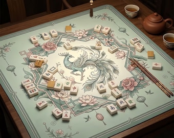 Tapete de mahjong Oriental Vintage con diseño de pavo real y loto, antideslizante y reductor de ruido.
