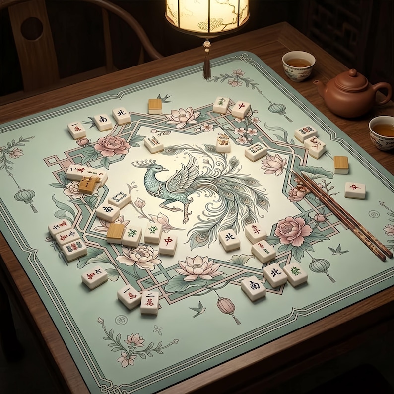 Pu&ograve; includere: Un tappetino da mahjong quadrato color verde chiaro con un'illustrazione centrale di un pavone circondato da fiori di loto rosa e bordi geometrici. Il tappetino &egrave; cosparso di tessere da mahjong bianche con caratteri e simboli cinesi.
