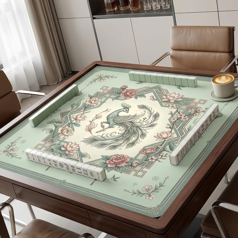 Pu&ograve; includere: Un tavolo da mahjong quadrato con cornice in legno e superficie in feltro verde chiaro. Il centro presenta un'illustrazione dettagliata di un pavone circondato da fiori di loto rosa e bordi geometrici. File di tessere bianche sono allineate.