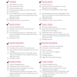 May include: A cleaning service checklist, outlining tasks for rooms such as the kitchen, dining room, office, study, master bedroom, formal room, master bathroom, and family room. Tasks include cleaning, dusting, and waste disposal.