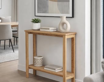 Solid Oak Narrow Console Table – Handmade Scandinavian Entryway Table, Slim Hallway Furniture with Shelf