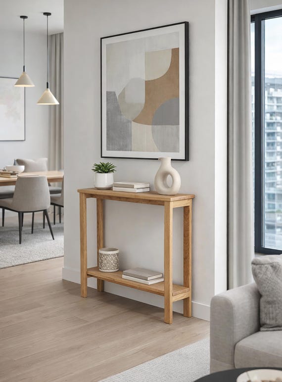Solid Oak Narrow Console Table – Handmade Scandinavian Entryway Table, Slim Hallway Furniture with Shelf