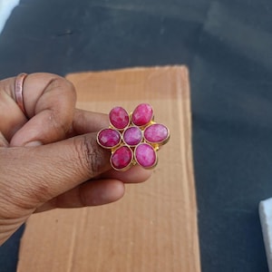Natural Pink Ruby Cluster Ring, Flower Design Gemstone Ring, Handmade Silver Statement Ring, Boho Floral Jewelry, Gift for Her