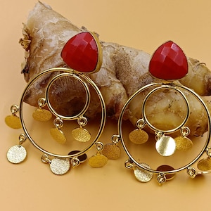 Red Gemstone Chandelier Earrings, Gold Dangle Earrings, Boho Statement Jewelry, Artisan Drop Earrings, Gift for Her