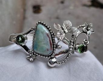 Handgemaakte larimar-vlinder 925 sterlingzilveren manchetarmband
