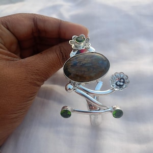 Labradorit Statement Armreif, Sterling Silber verstellbarer Armreif, handgemachter Labradorit Schmuck, Boho Edelstein Armreif, einzigartiges Geschenk für sie