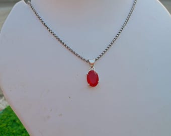 Natural Red Coral Oval Gemstone Necklace, Sterling Silver Chain, Minimalist Boho Jewelry