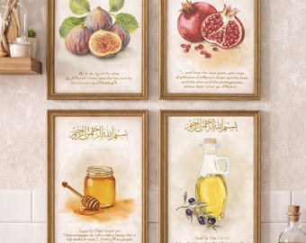 Islamic Kitchen Wall art set | Quranic Food | Olive oil, Honey, Pomegranate, figs | Printable Digital Download | Sunnah food | healing