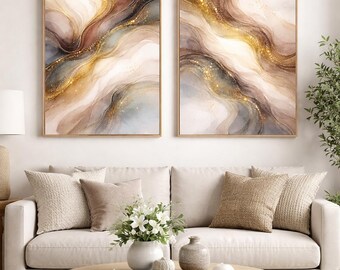 Painted Abstract Wall Art Set of 2 – Neutral Beige rose Modern Printable clean girl aesthetic | Gold Metallic Wall Art | Canvas printable