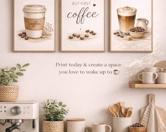 Cozy Coffee Wall Art Set of 3 | Neutral minimalist elegant Coffee Prints for Kitchen & Coffee Bar | kitchen wall art |  Barista Cafe Decor