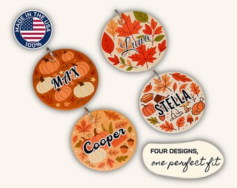 Fall Dog Tag Collar, Personalized Leaf Pet Tag, Pumpkin Double Sided Dog Tag, Durable Aluminum, Made in the USA, Cat ID Tag, Engraved Id Tag