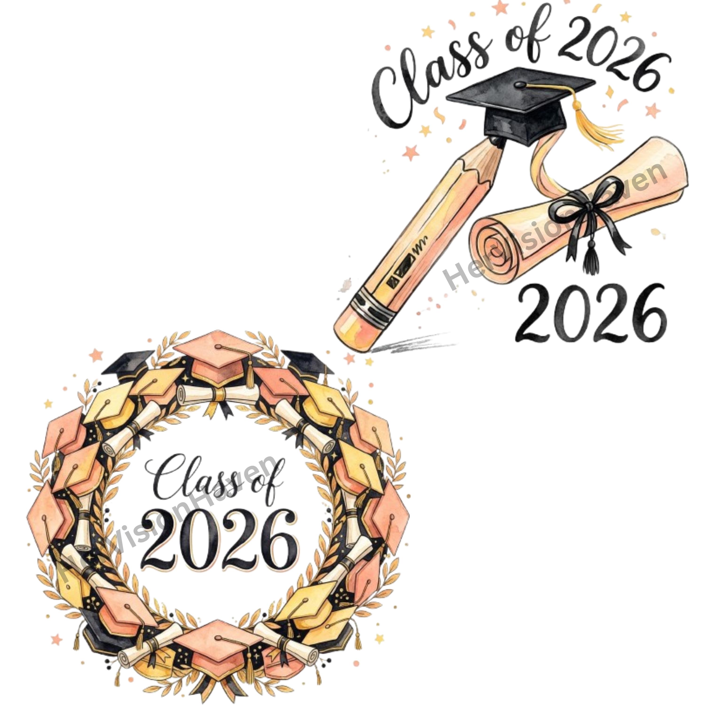 Watercolor Graduation 2026 Clipart PNG Bundle, Class of 2026 ...