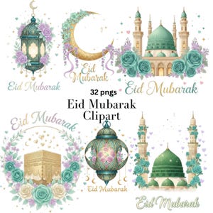 Eid Mubarak Clipart-paket | 32 nyckfulla PNG-bilder | Islamisk månlykta-moské | Digital nedladdning