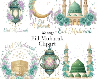 Pacchetto di clipart per l'Eid Mubarak / 32 PNG fantasiosi / Lanterna della moschea islamica della luna / Download digitale