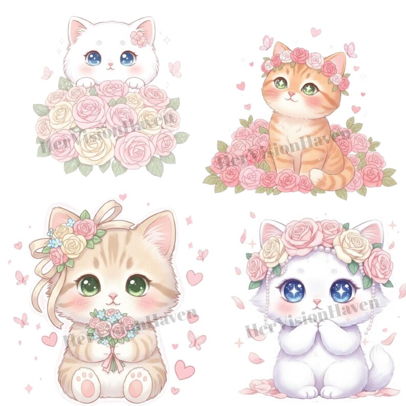34 PNG Floral Kitten Clipart Bundle – Cute Cat With Flowers Kawaii ...