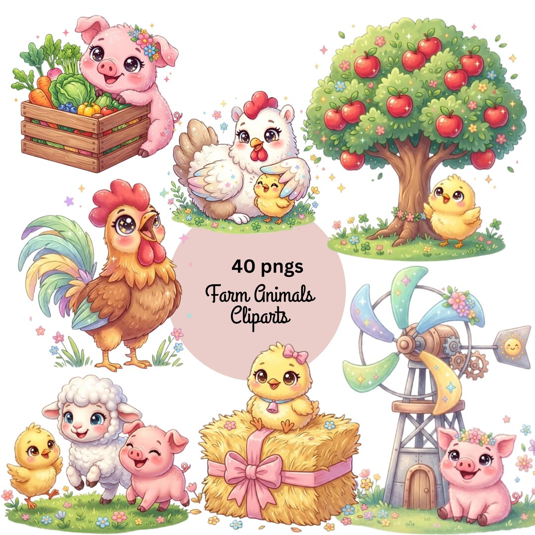40 Whimsical Farm Animals Clipart Bundle PNG | Farm Friends Png Digital ...