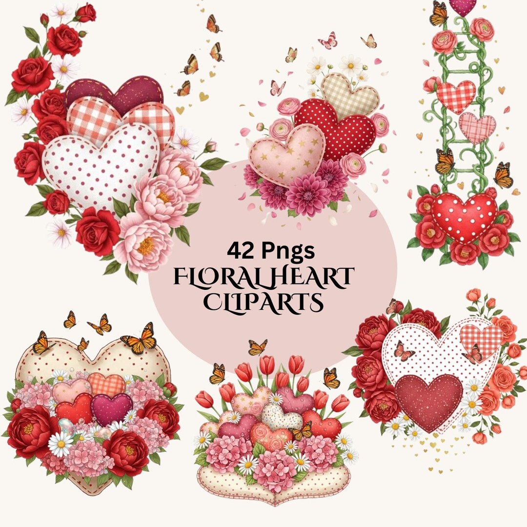 42 Floral Heart Clipart Bundle PNG, Romantic Cottagecore Hearts With ...