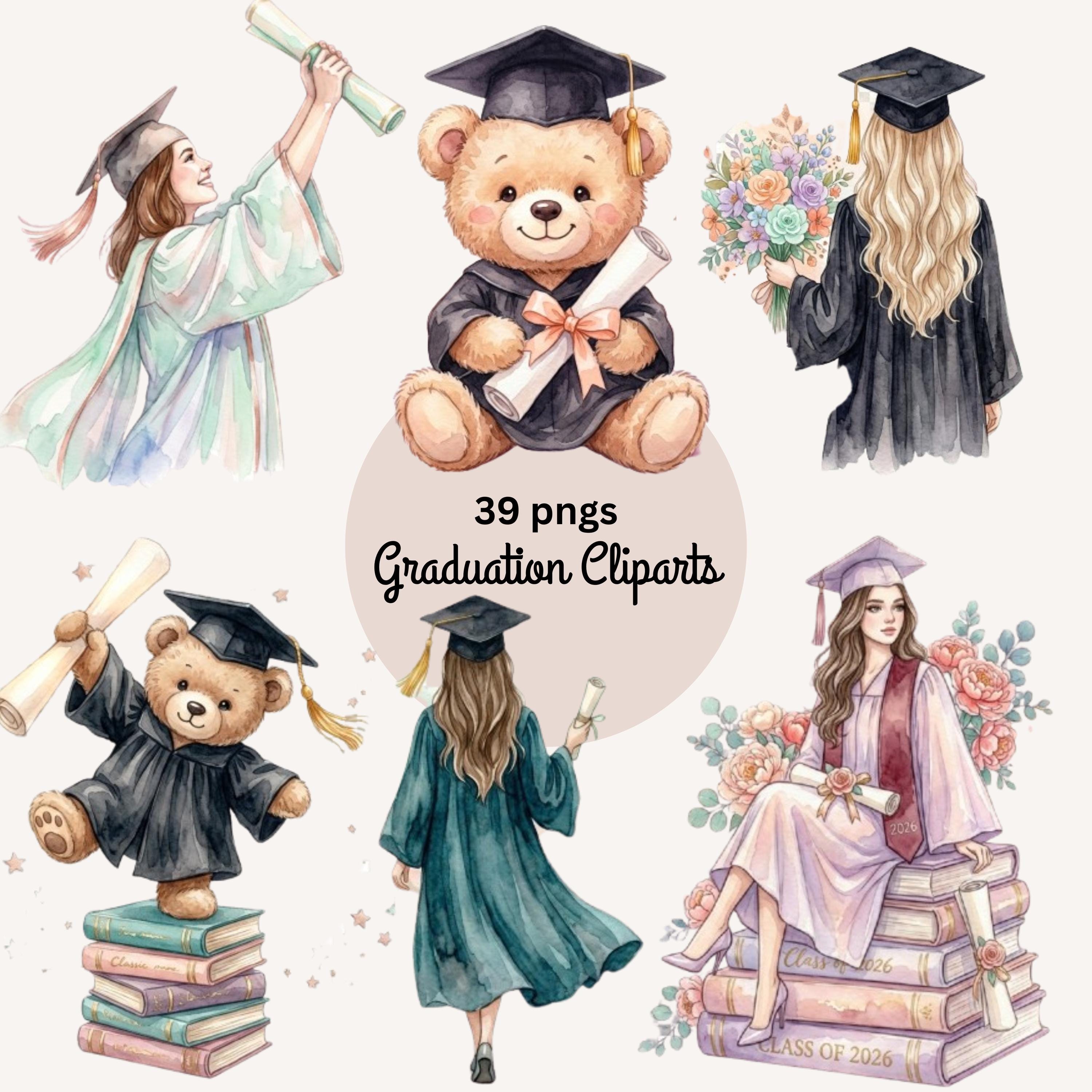 Watercolor Graduation Clipart Bundle Class of 2026 PNG, 39 Graduation ...