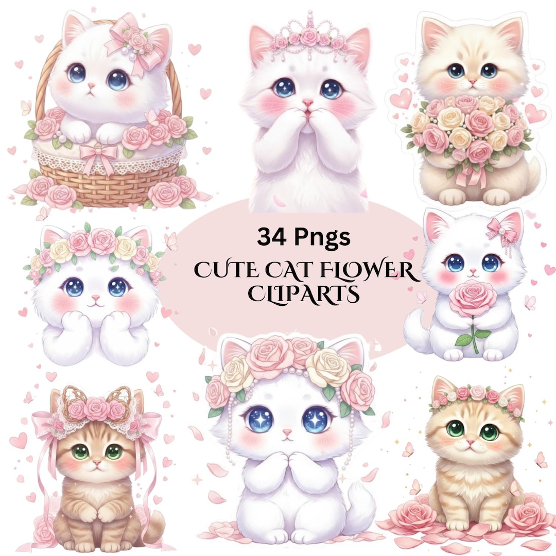 34 PNG Floral Kitten Clipart Bundle – Cute Cat With Flowers Kawaii ...