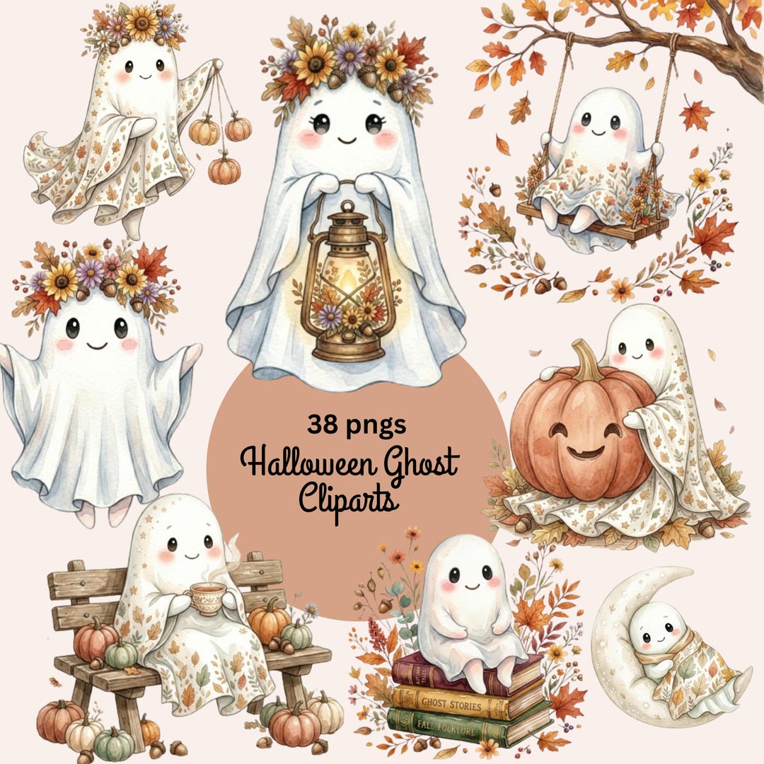 Fall Gost Vintage Fall Ghost Clipart Bundle - 38 Watercolor Autumn Ghost Pngs ...